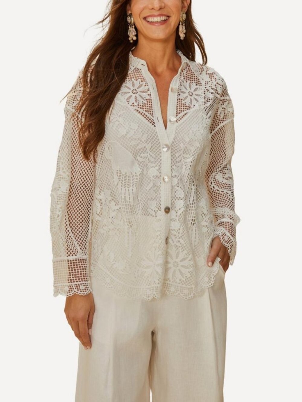 Farm Rio White Landscape Guipure Lace Shirt Long Sleeves Size S Off White